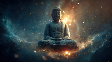Ancient Buddha Floating in Mystical Space with Stars – Spiritual Calm, Enlightenment, Cosmic Energy, Meditation Art