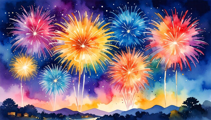 水彩画の幻想的な花火のイラスト背景