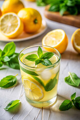 Fototapeta premium Lemon Basil Lemonade with Fresh Ingredients and Garnish for Beverage Blogs, Summer Recipes, Refreshing Drinks, Healthy Living Websites, and Social Media Content 