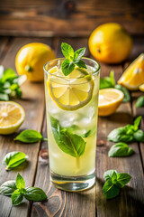 Lemon Basil Lemonade with Fresh Mint and Lemon Slices on Wooden Background for Recipe Blogs, Beverage Websites, Refreshing Summer Drinks, and Social Media Content  