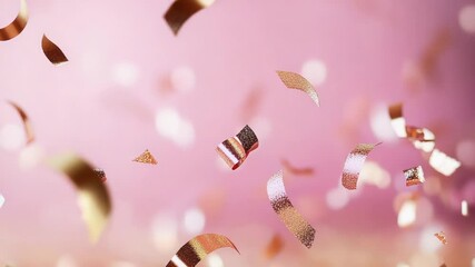 Festive rose gold confetti falling against a soft pink background. - Powered by Adobe