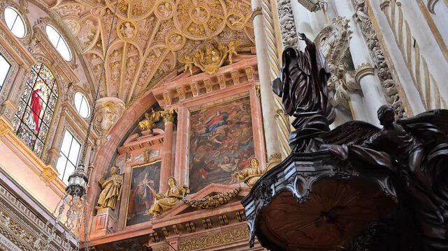 inside the Cathedral-Mosque of C&oacute;rdoba (Mezquita-Catedral) showcasing its majestic architectural and artistic details.