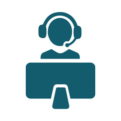 Flat vector icon of a student seated in front of a desktop computer