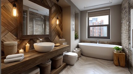 Modern bathroom interior with a glass-enclosed shower, wooden vanity, and large round mirror, featuring minimalist design elements.