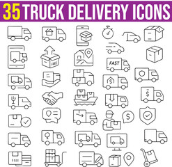 Truck Delivery Service Icons Set With Editable Stroke for Mobile and Web. This Set Include Free Delivery, 24 hours service, Fast Service vector Collection.