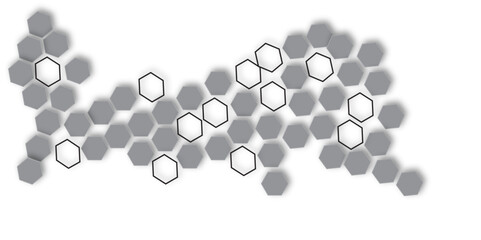  An abstract, organic pattern composed of a large, irregular cluster of solid gray hexagons with subtle drop shadows, interspersed with a few randomly placed white hexagonal outlines, 