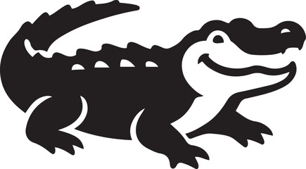A cheerful cartoon alligator illustration, black and white, perfect for childrens books or apparel.
