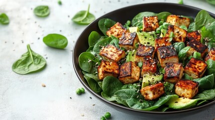 Wholesome vegetable salad with grilled tofu, spinach, avocado, and seeds on white background.