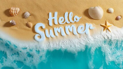Crashing Waves on Sandy Beach with Shells and Starfish Featuring Hello Summer Message