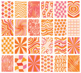 Fototapeta premium Big collection of retro vector summer backgrounds with simple and fun patterns. Vintage aesthetic, psychedelic textures for textile, posters, covers, banners, or branding.