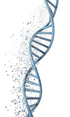 A striking 3D illustration of a blue DNA double helix, with sparkling water droplets cascading from it, symbolizing life and scientific innovation.