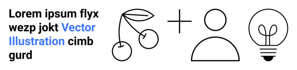 Cherry with stem and leaves, user profile icon, and light bulb symbolized together. Ideal for creativity, innovation, user experience, organic ideas, team collaboration, simplicity and a simple