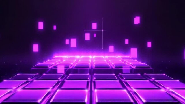 Glowing purple grid receding into dark space, illuminated squares float above