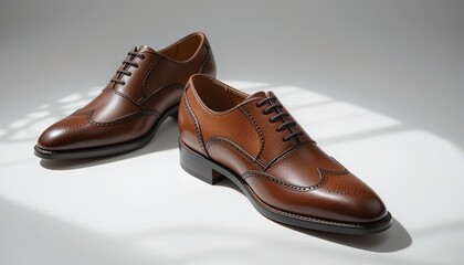 Two brown leather brogue shoes on a light background.