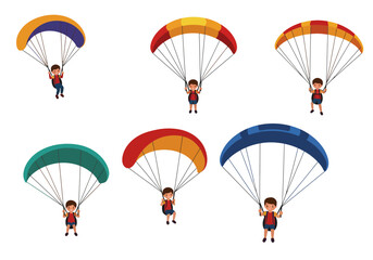 Cartoon Children Parachuting with Colorful Parachutes and Backpacks