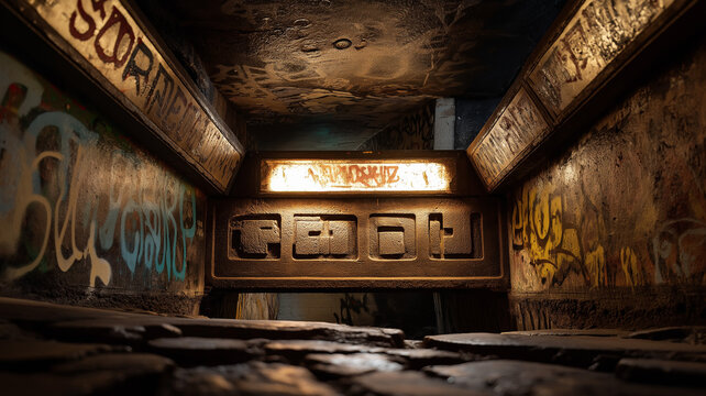 Graffiti spelling cryptic words across broken subway walls, mystery and decay theme, soft ambient glow