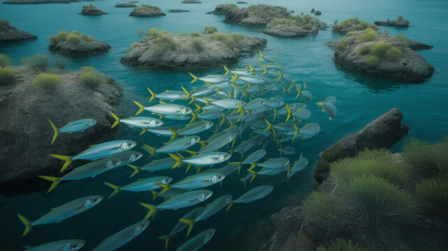 chool of Fish Swimming in Clear Blue Ocean Water near Rocky Islands