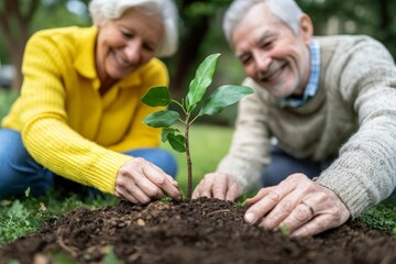 Fototapeta premium Close-up of a senior couple planting a sapling in their backyard. They are smiling and enjoying each others company as they engage in this meaningful activity in nature