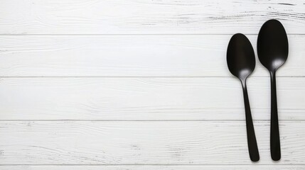 Two black spoons on a white wooden table.