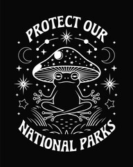 Obraz premium Meditative Frog Under Mushroom with Celestial Forest Motif