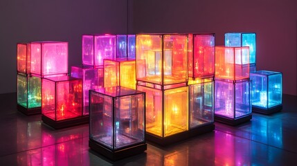 An installation of illuminated cubes arranged in a grid