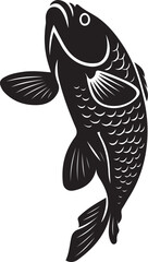 A black and white illustration of a leaping fish, possibly a carp or similar species, stylized with detailed fins and scales.