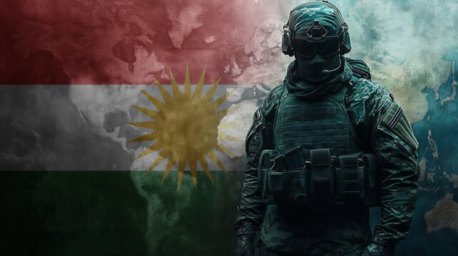 soldier in tactical gear , standing in front of kurdistan flag . background features flag with a slightly transparent overlay of a world map, giving the scene a patriotic and global context.