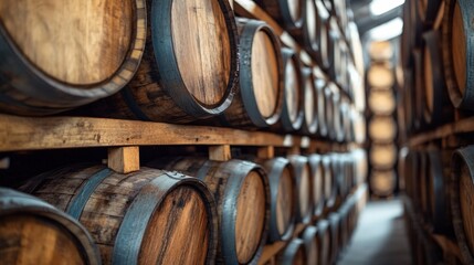 Wine in barrels on warehouse close-up, production