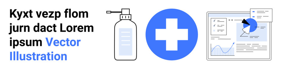 Healthcare cross, sanitizer bottle, and analytical charts showcasing data trends. Ideal for health technology, data analysis, medical resources, safety, prevention, healthcare marketing simple