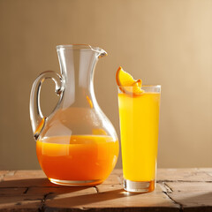 Refreshing Orange Juice in Glass and Pitcher on Wooden Table - Bright Citrus Beverage Scene - Generated AI