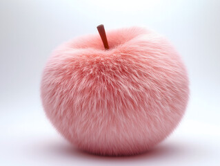 Whimsical pink furry ball resembling an apple with a stem on white background