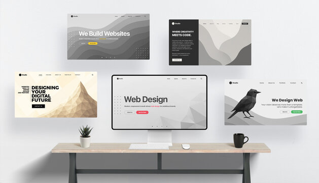 Creative studio desk with central screen displaying a web design interface surrounded by four floating custom websites. Conceptual representation of website creation and digital creativity.