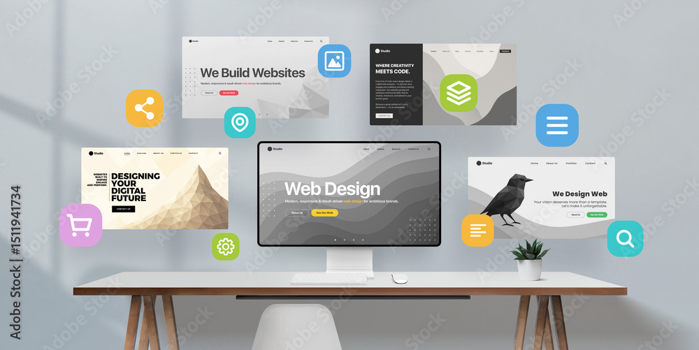 Poster Creative web design scene with desktop screen, multiple site layouts in air, and essential UI icons – perfect for presenting user experience, layout features, and design system elements.