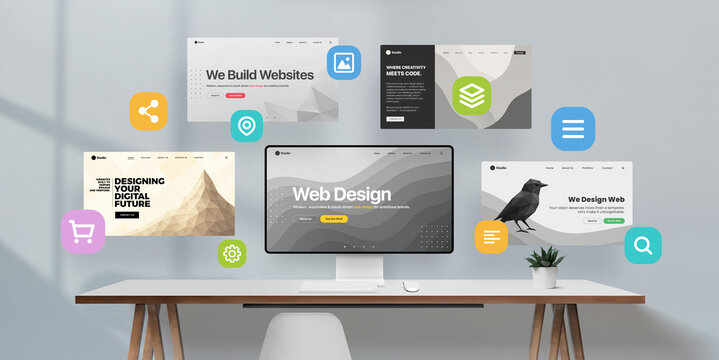 Creative web design scene with desktop screen, multiple site layouts in air, and essential UI icons – perfect for presenting user experience, layout features, and design system elements.