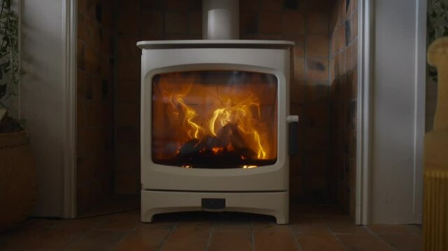 A stove with a fire burning in it. The fire is orange and yellow. The stove is in a room with a brick wall