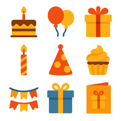 Birthday icon pack with nine festive icons for celebrations, suitable for birthday cards, invitations, websites, and party decorations.