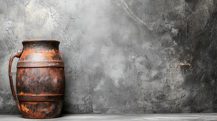 A rusty metal jug with a handle stands against a textured gray wall.