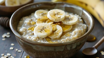 A bowl of oatmeal topped with sliced bananas and a drizzle of honey.