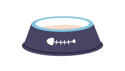 Pet bowl for cats or dogs. Round empty container with fishbone for home animal feed, water, canine and feline food. Flat graphic vector illustration isolated on white background.
