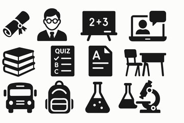 Education icons: school supplies, teacher, blackboard, chemistry