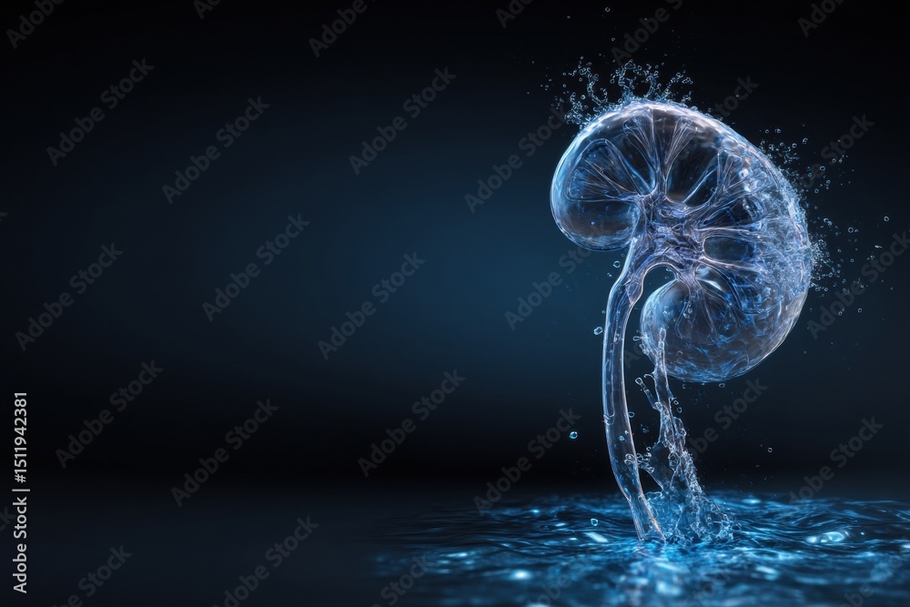 Poster animated water drop transforms into kidney shape, showcasing a clean upper zone in a dark environmen