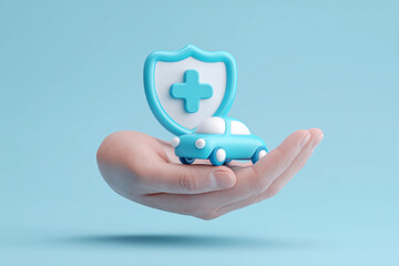 Car insurance concept with hand holding blue car, shield with plus sign. Suitable for insurance agency promotions, automotive marketing materials.