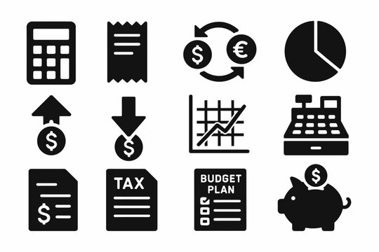 Financial icons set: calculator, tax, budget, currency exchange, money growth
