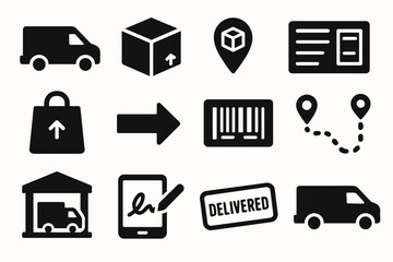 Shipping and delivery icons: van, parcel, location, barcode, route, warehouse, delivery status
