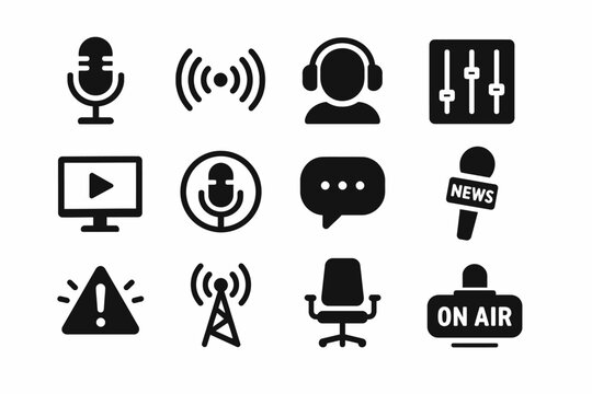 Broadcast and media equipment icons: microphone, headphones, news, on air, sound controls