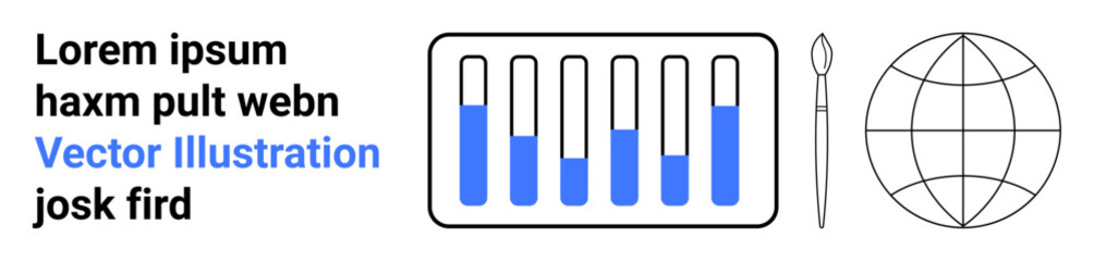 Test tubes partially filled with blue liquid, thin paintbrush, and globe outline. Ideal for innovation, creativity, science, research, exploration education and design. Perfect for a simple landing