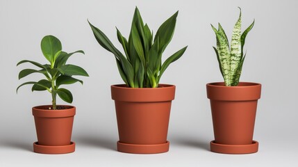 A trio of potted plants in terracotta pots, each with a unique leaf shape and size.