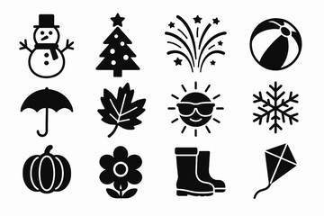 Seasonal icons: winter snowman, autumn leaf, summer beach ball, spring flower