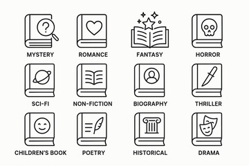 Icon set representing various book genres including mystery, romance, fantasy, horror, sci-fi