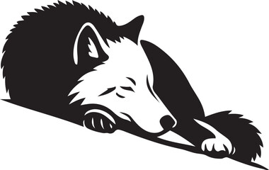 A stylized black and white illustration of a wolf resting its head on a surface